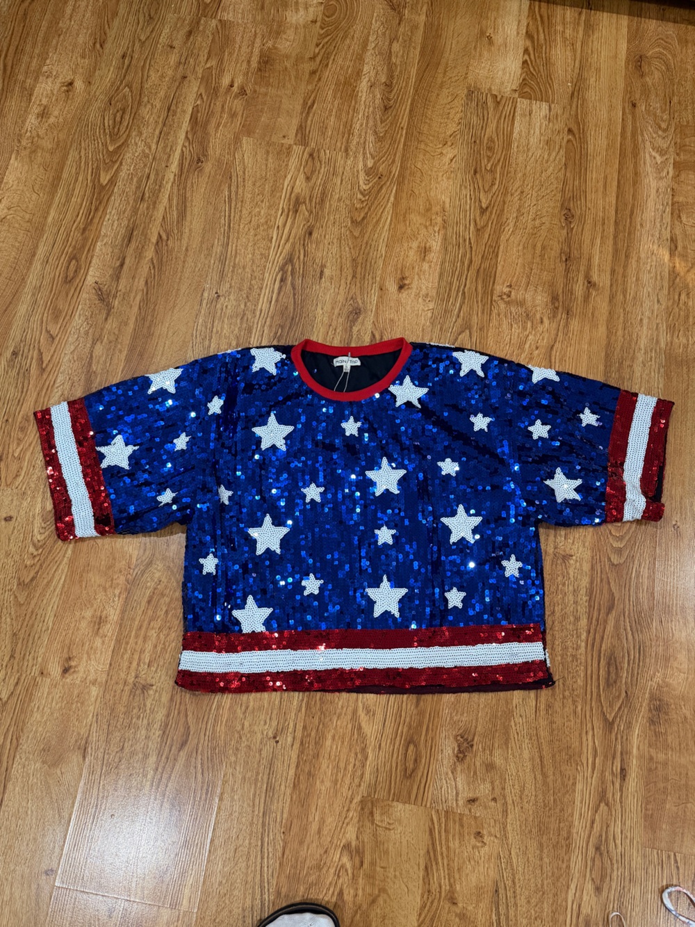 Main Strip Blue Sequin Star Tee with Red & White Trim